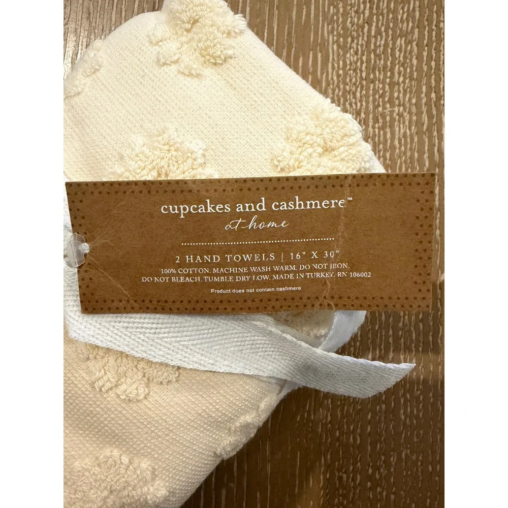 Cupcakes and Cashmere 2pc Hand Towels Tan Raised Floral 100% Cotton Fringe New